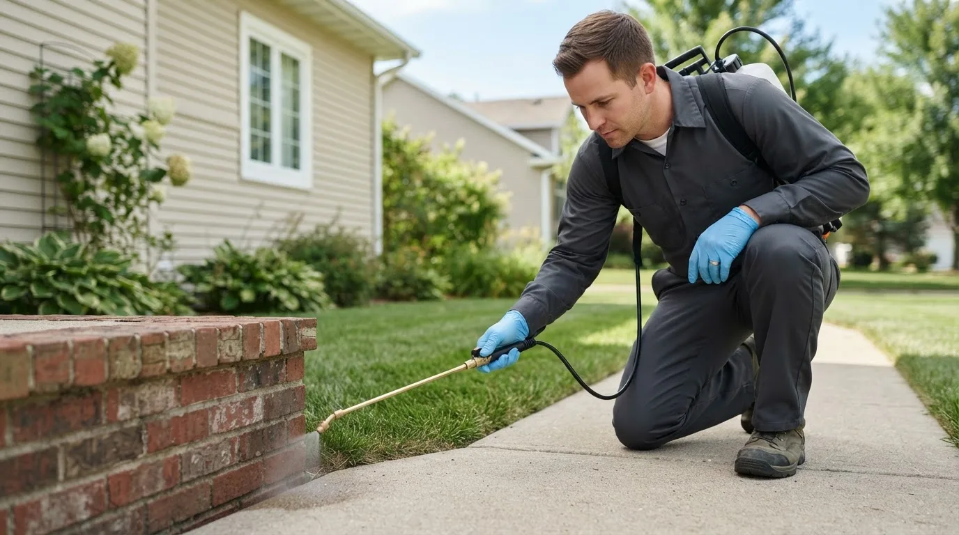 Pest control technician treating a home near Waban, MA